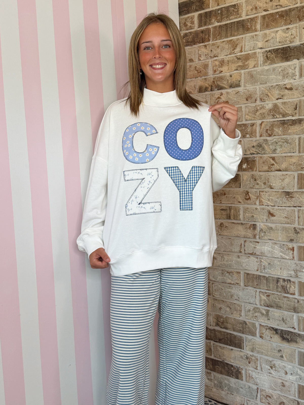 Cozy Patchwork Graphic Oversized Mock Neck Sweatshirt