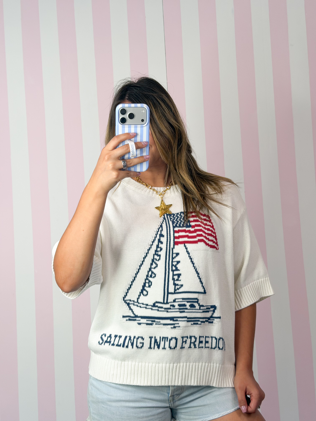 4th of July Sailor Boat & USA Flag Graphic Sweater
