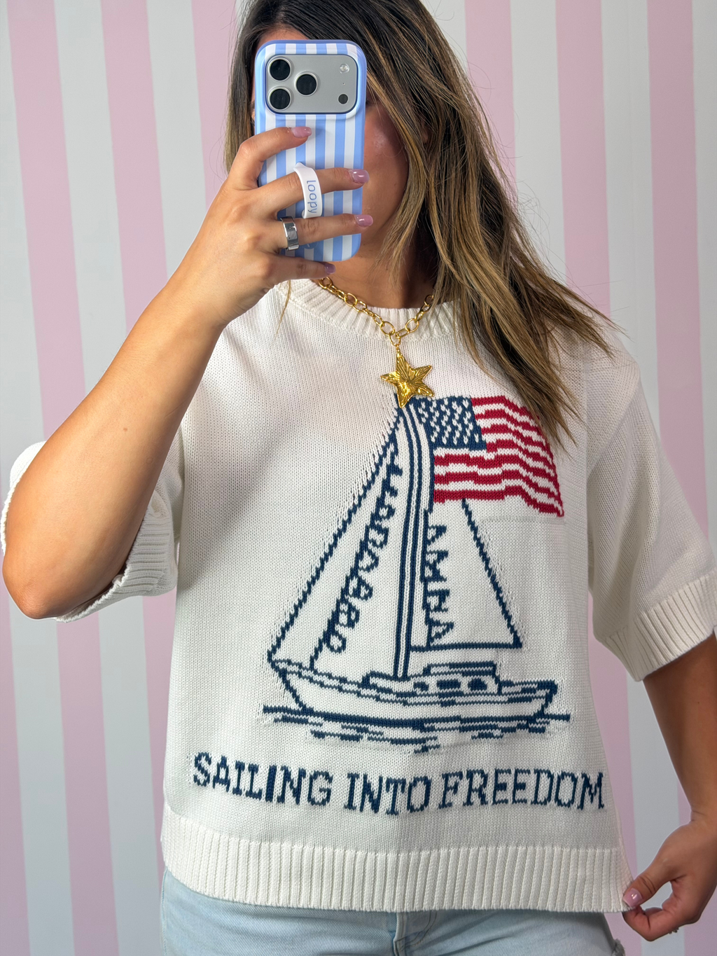 4th of July Sailor Boat & USA Flag Graphic Sweater